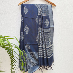 Aadya Indigo Hand Block Cotton Silk Saree