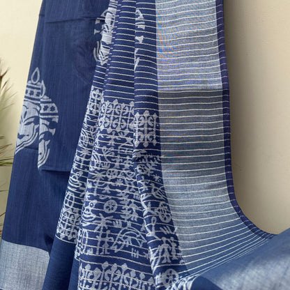 Geometric block filled pallu with silver stripe border – Aadya indigo cotton silk saree