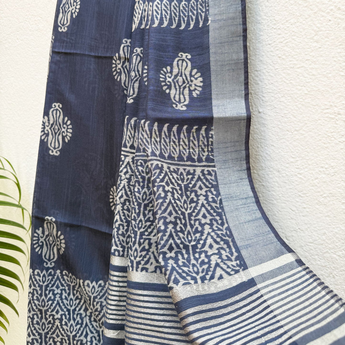 Aadya Indigo Hand Block Cotton Silk Saree