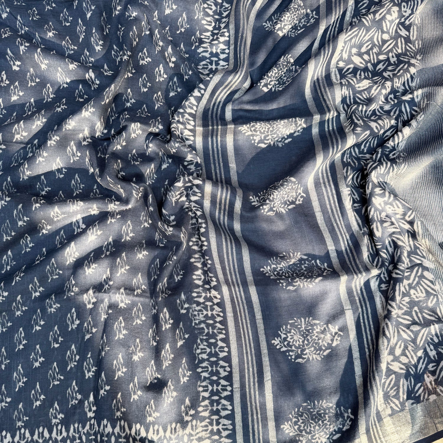 Aendri Flora Indigo Hand Block Cotton Linen Saree