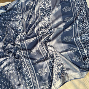 Aendri Flora Indigo Hand Block Cotton Linen Saree
