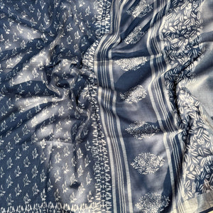 Aendri Flora Indigo Hand Block Cotton Linen Saree