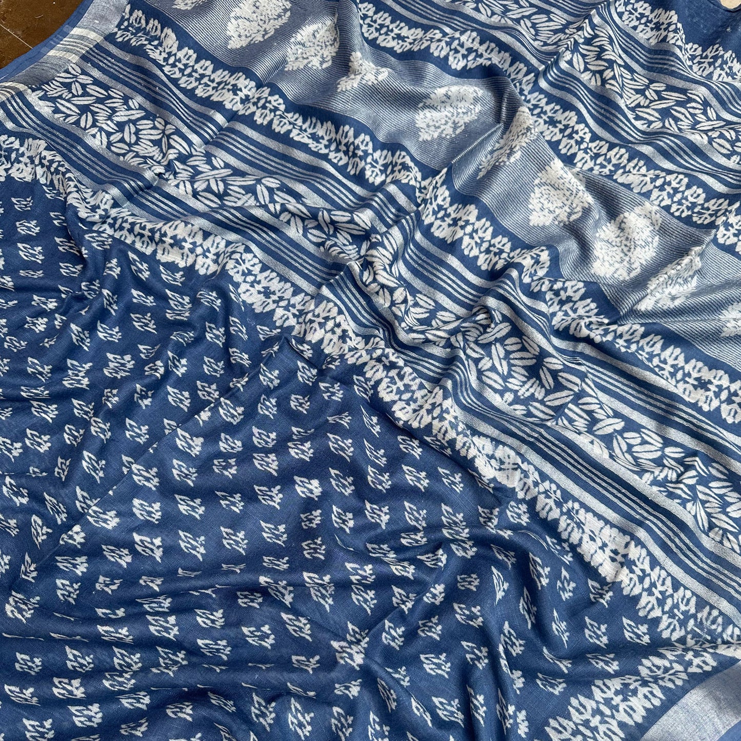 Aendri Flora Indigo Hand Block Cotton Linen Saree