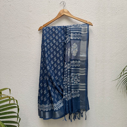 Aendri Flora Indigo Hand Block Cotton Linen Saree