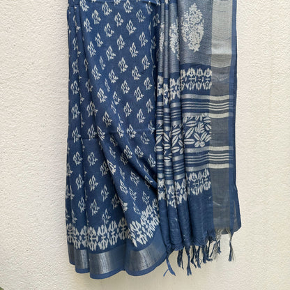 Aendri Flora Indigo Hand Block Cotton Linen Saree