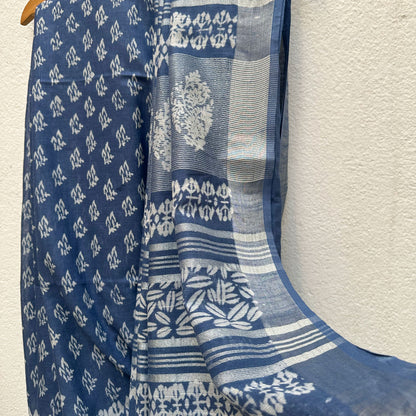 Aendri Flora Indigo Hand Block Cotton Linen Saree