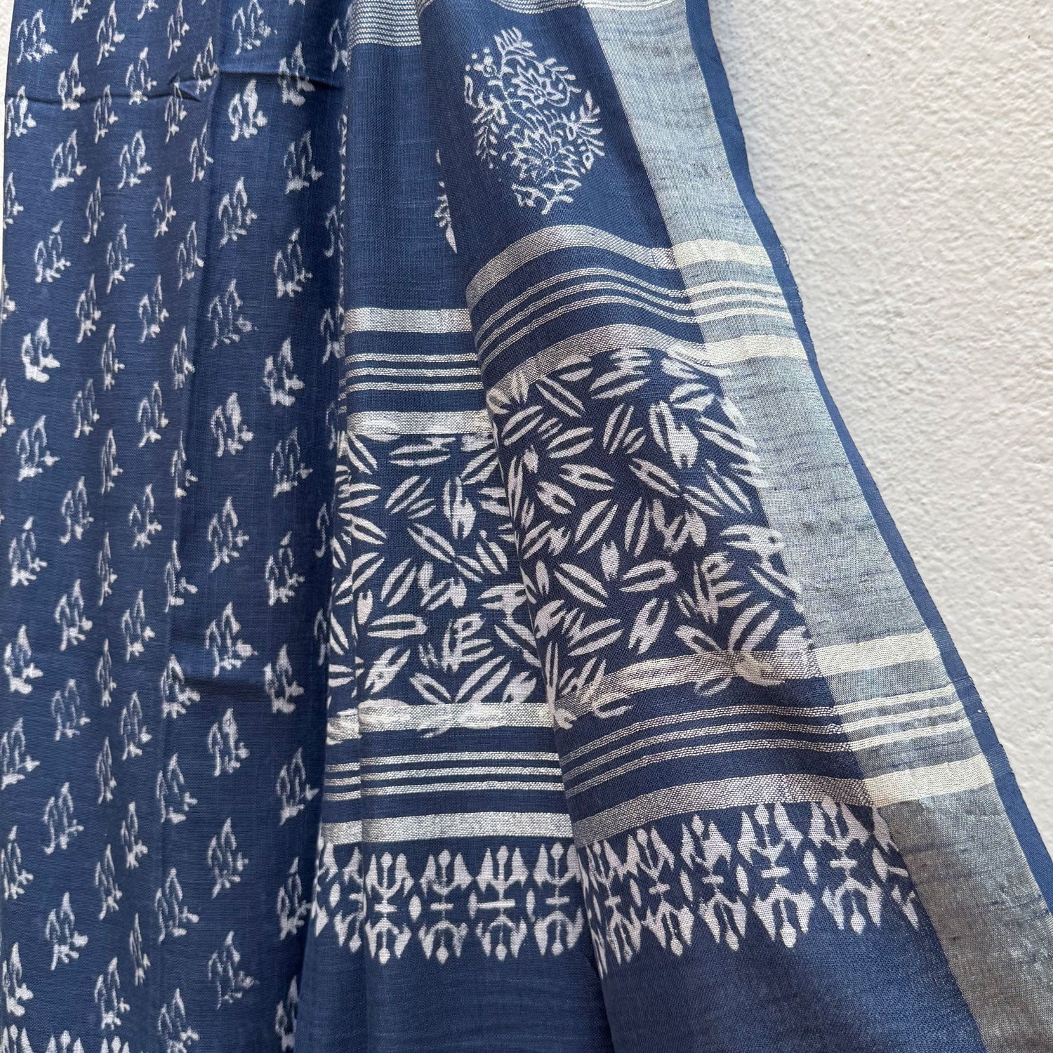 Aendri Flora Indigo Hand Block Cotton Linen Saree
