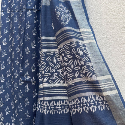 Aendri Flora Indigo Hand Block Cotton Linen Saree