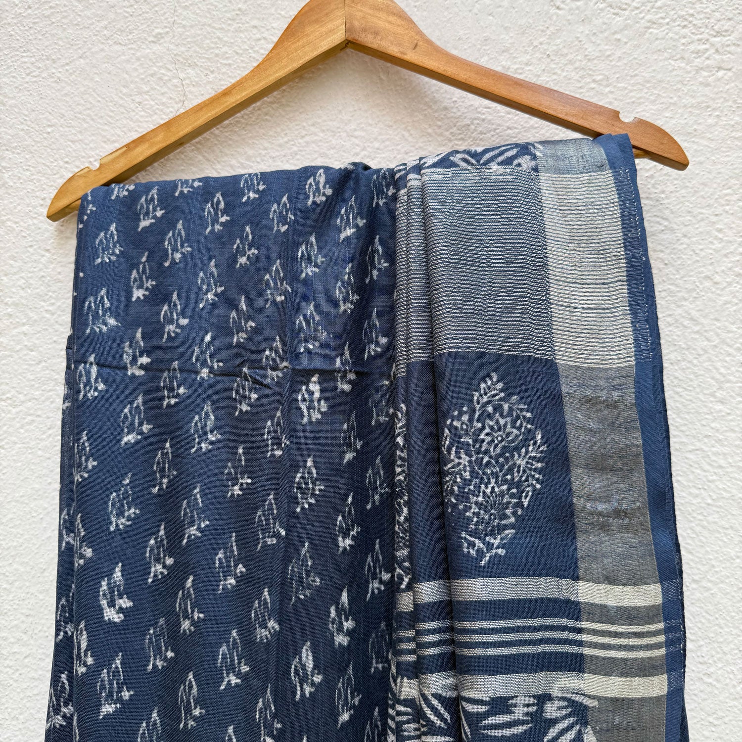 Aendri Flora Indigo Hand Block Cotton Linen Saree