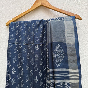 Aendri Flora Indigo Hand Block Cotton Linen Saree