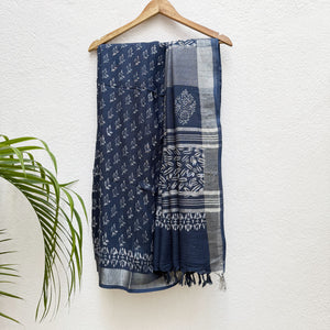 Aendri Flora Indigo Hand Block Cotton Linen Saree