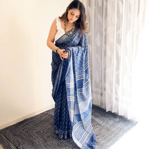 Aendri Flora Indigo Hand Block Cotton Linen Saree