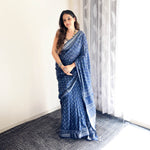 Load image into Gallery viewer, Aendri Flora Indigo Hand Block Cotton Linen Saree

