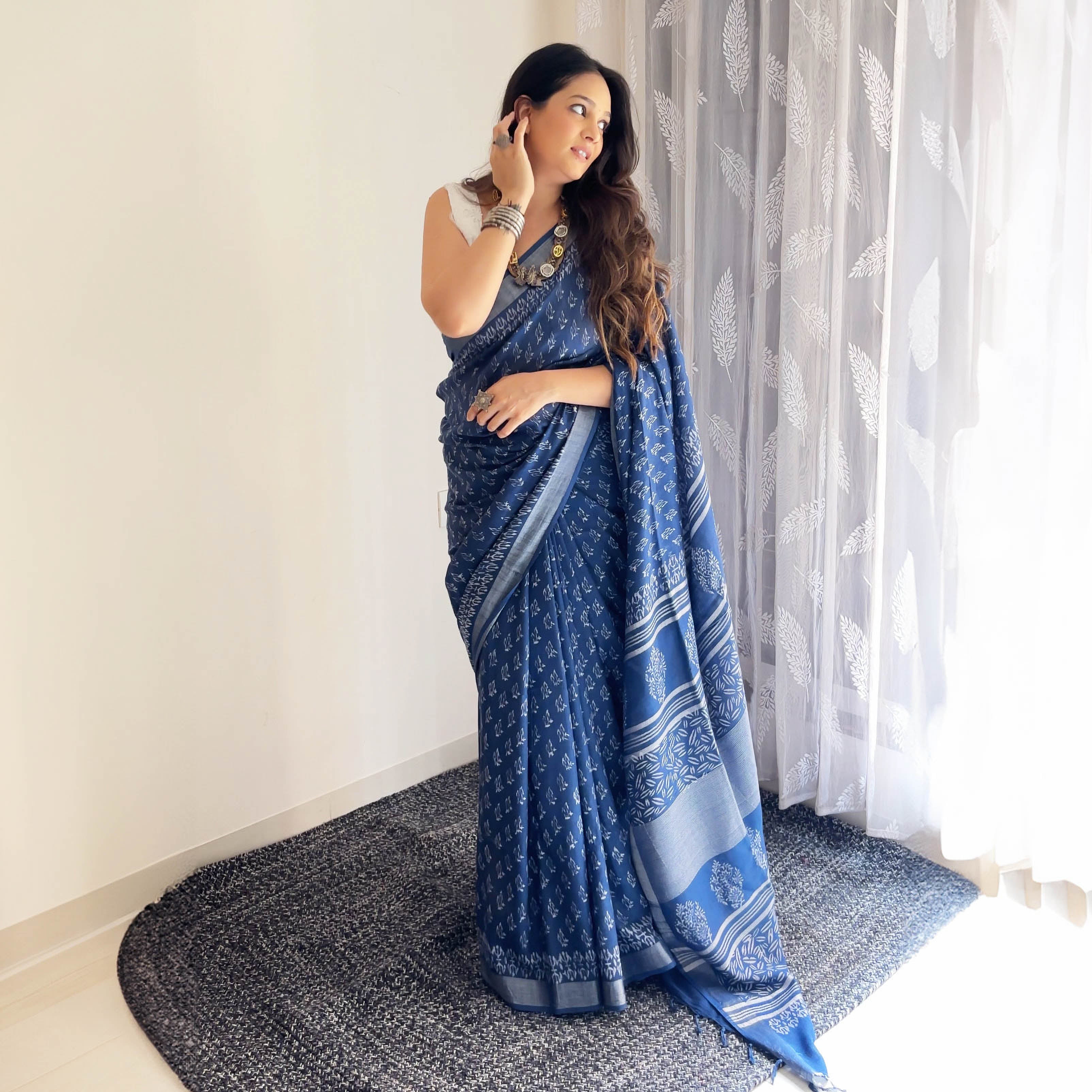 Aendri Flora Indigo Hand Block Cotton Linen Saree