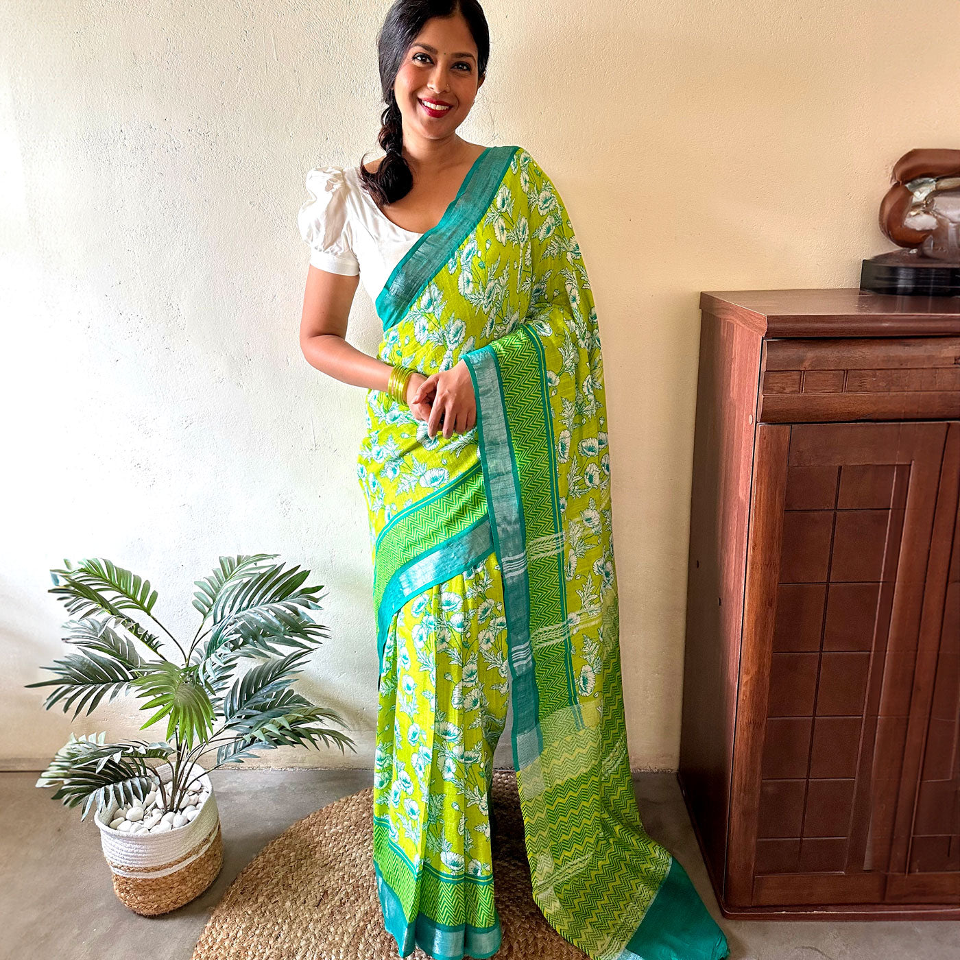Alpine Poppy Printed Organic Linen Saree