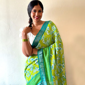 Alpine Poppy Printed Organic Linen Saree