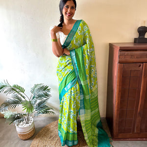 Alpine Poppy Printed Organic Linen Saree