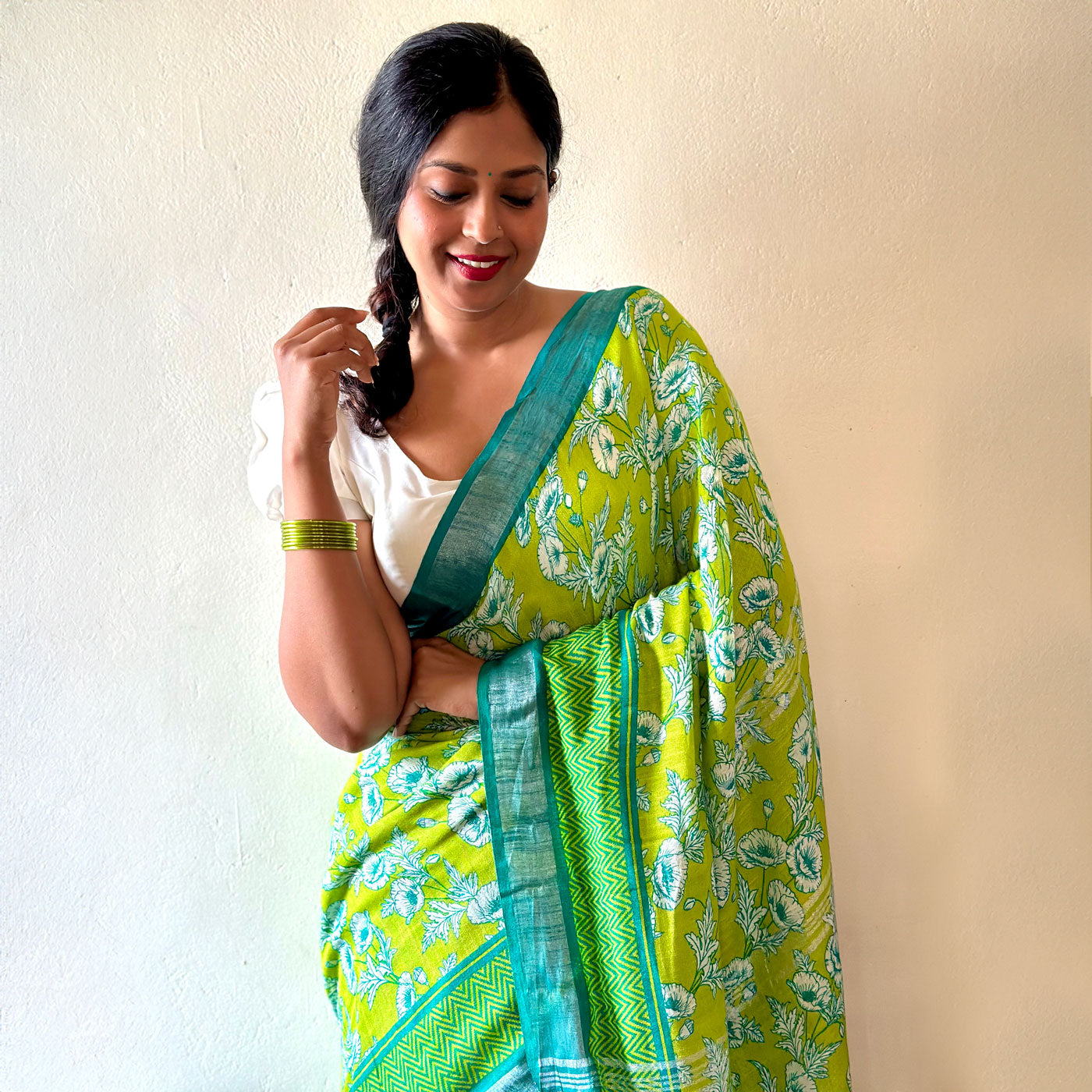 Alpine Poppy Printed Organic Linen Saree