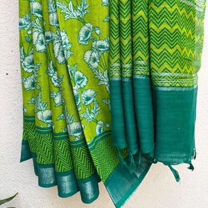 Alpine Poppy Printed Organic Linen Saree