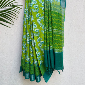 Alpine Poppy Printed Organic Linen Saree
