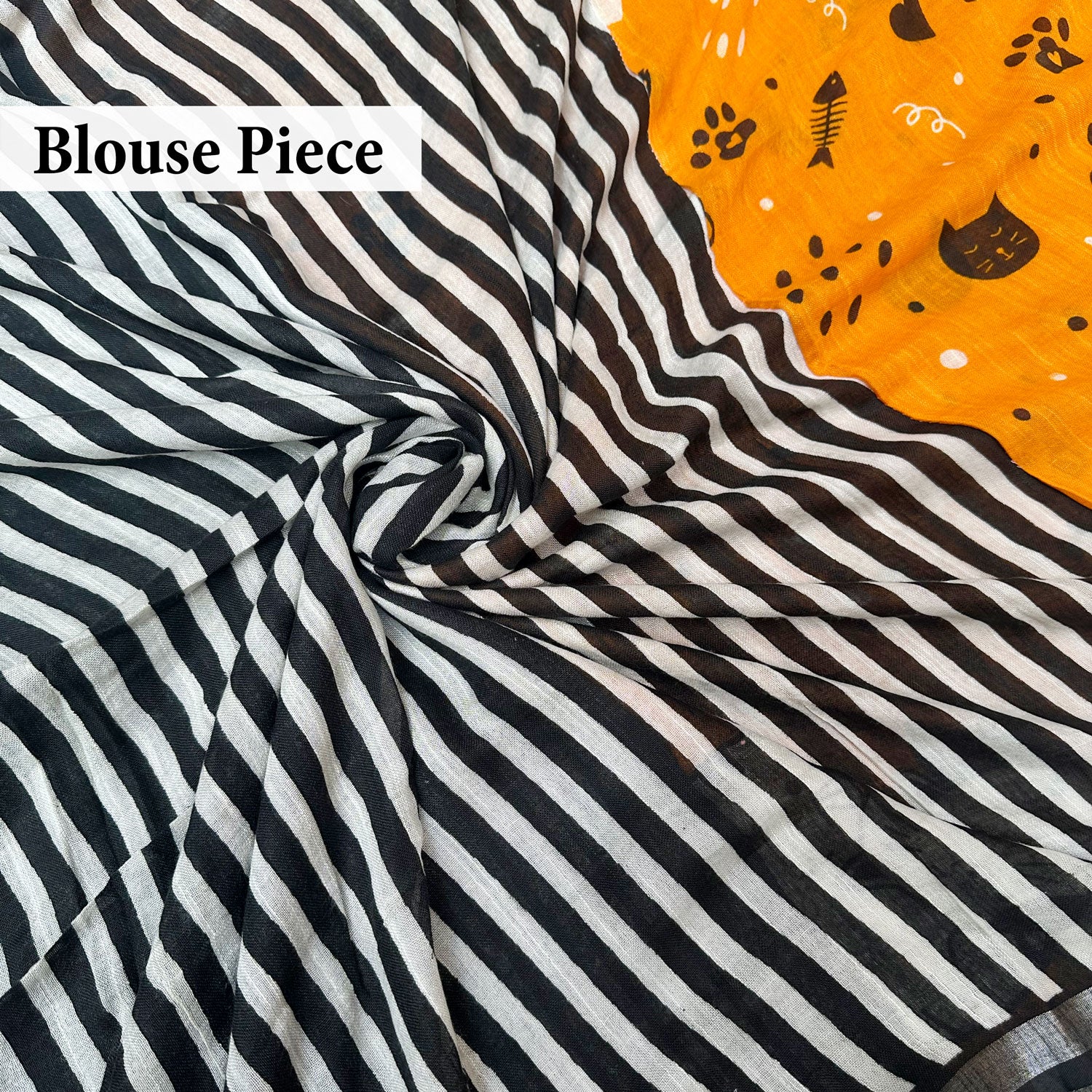 Amber & Aloof cotton cat print saree with striped blouse piece