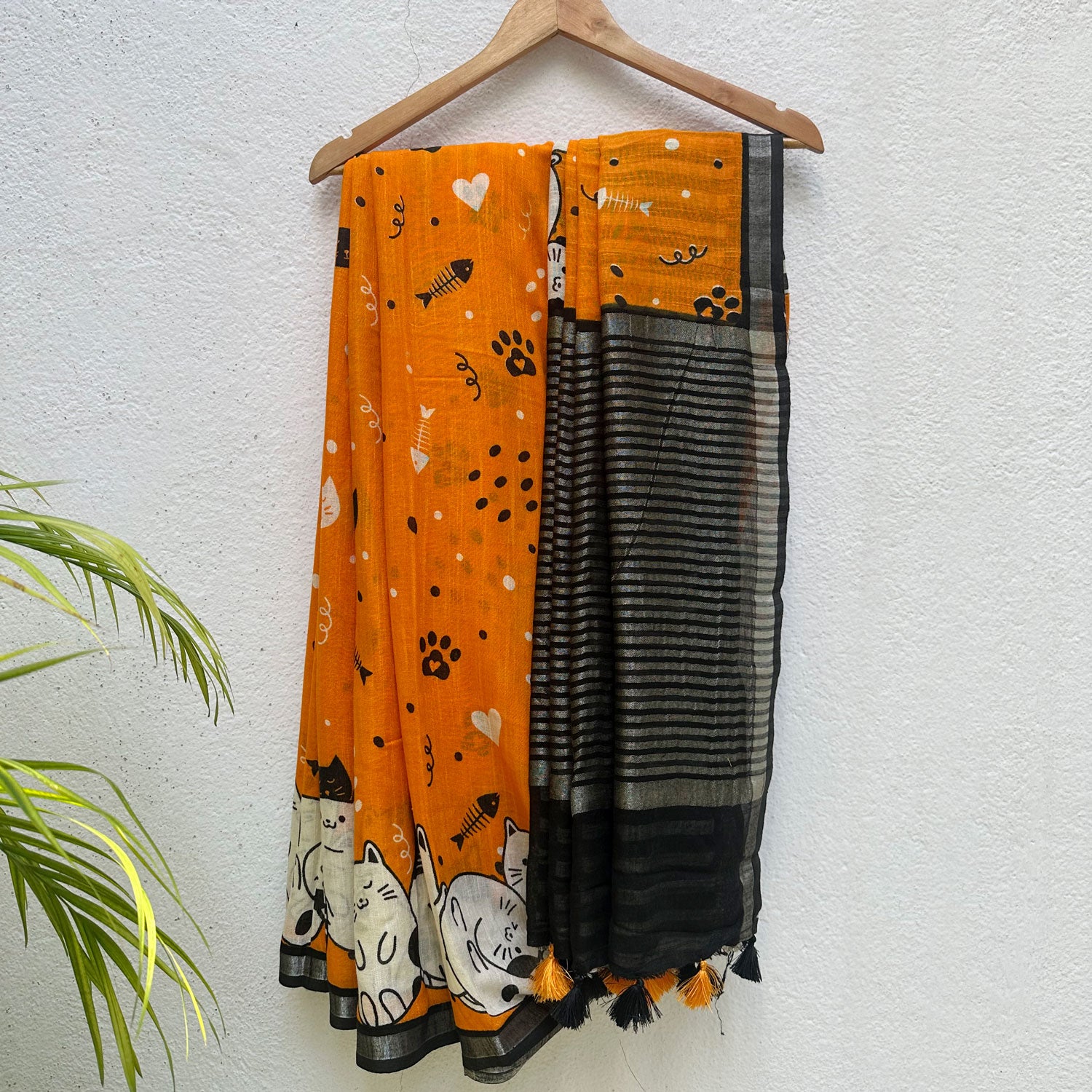 Amber & Aloof amber cotton cat print saree with fishbone motifs, sleeping cat border and black zari pallu, Zoomies Collection TTW