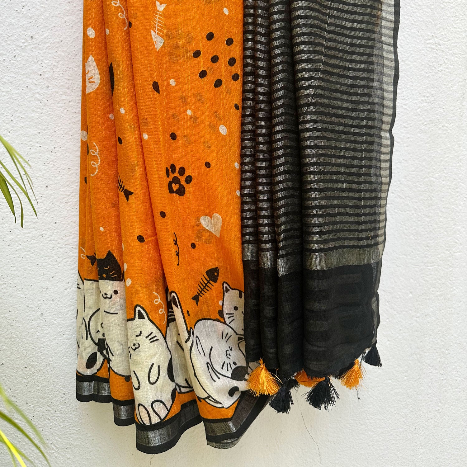 Amber & Aloof amber cotton cat print saree with fishbone motifs, sleeping cat border and black zari pallu, Zoomies Collection TTW