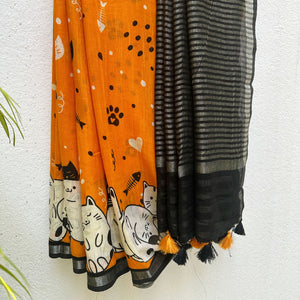 Amber & Aloof amber cotton cat print saree with fishbone motifs, sleeping cat border and black zari pallu, Zoomies Collection TTW