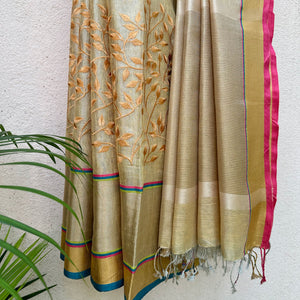 Ambhojini Zari Linen Embroidered Saree