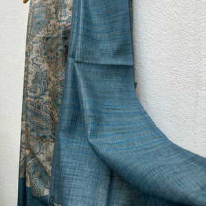 Teal-blue pallu and border of the Ambi tissue silk saree with fine silver fringe