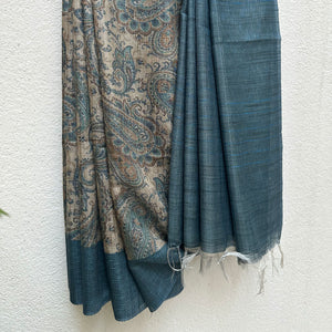 Details of the Ambi tissue silk saree showing the paisley body and solid teal-blue border