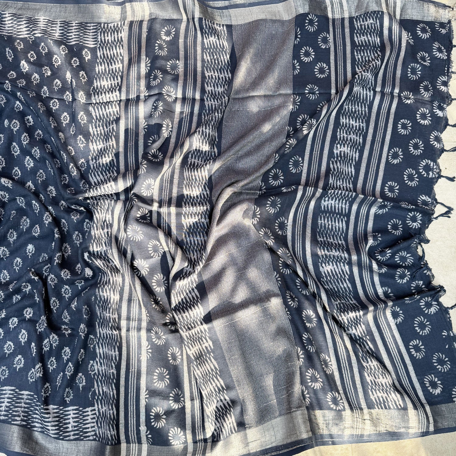 Ambika Indigo Hand Block Cotton Linen Saree