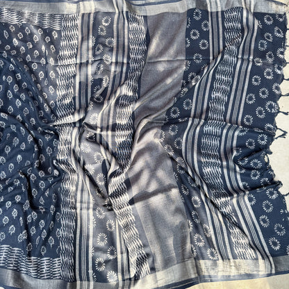 Ambika Indigo Hand Block Cotton Linen Saree