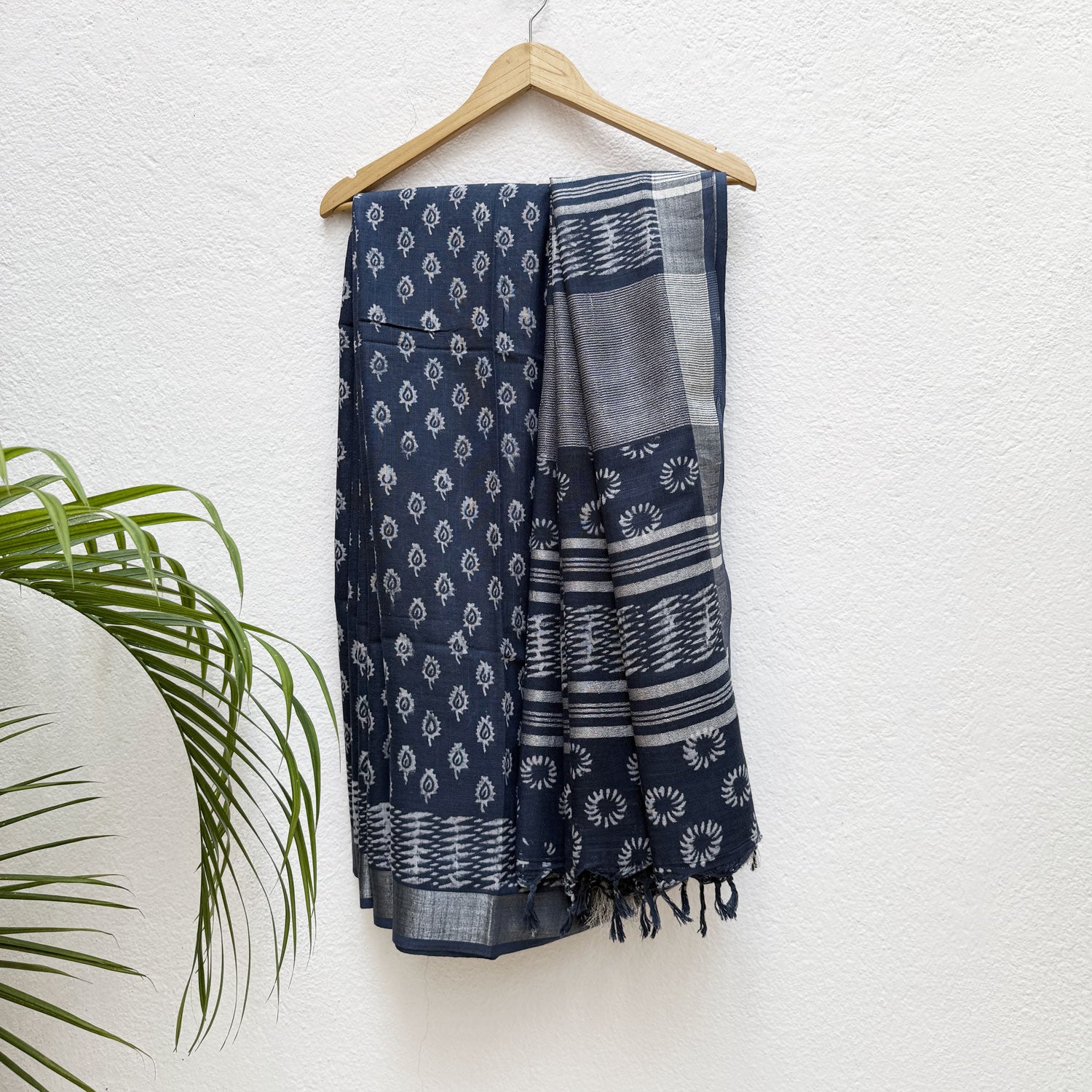 Ambika Indigo Hand Block Cotton Linen Saree