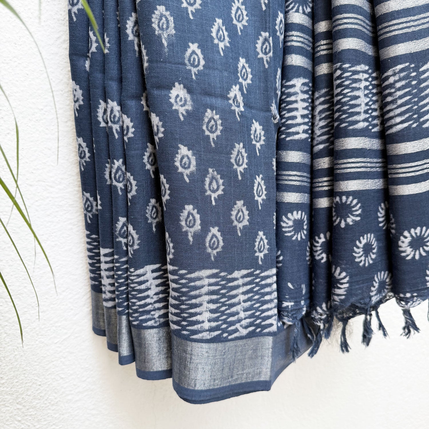 Ambika Indigo Hand Block Cotton Linen Saree