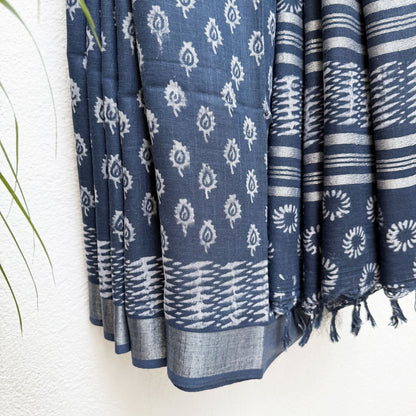 Ambika Indigo Hand Block Cotton Linen Saree