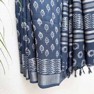 Ambika Indigo Hand Block Cotton Linen Saree