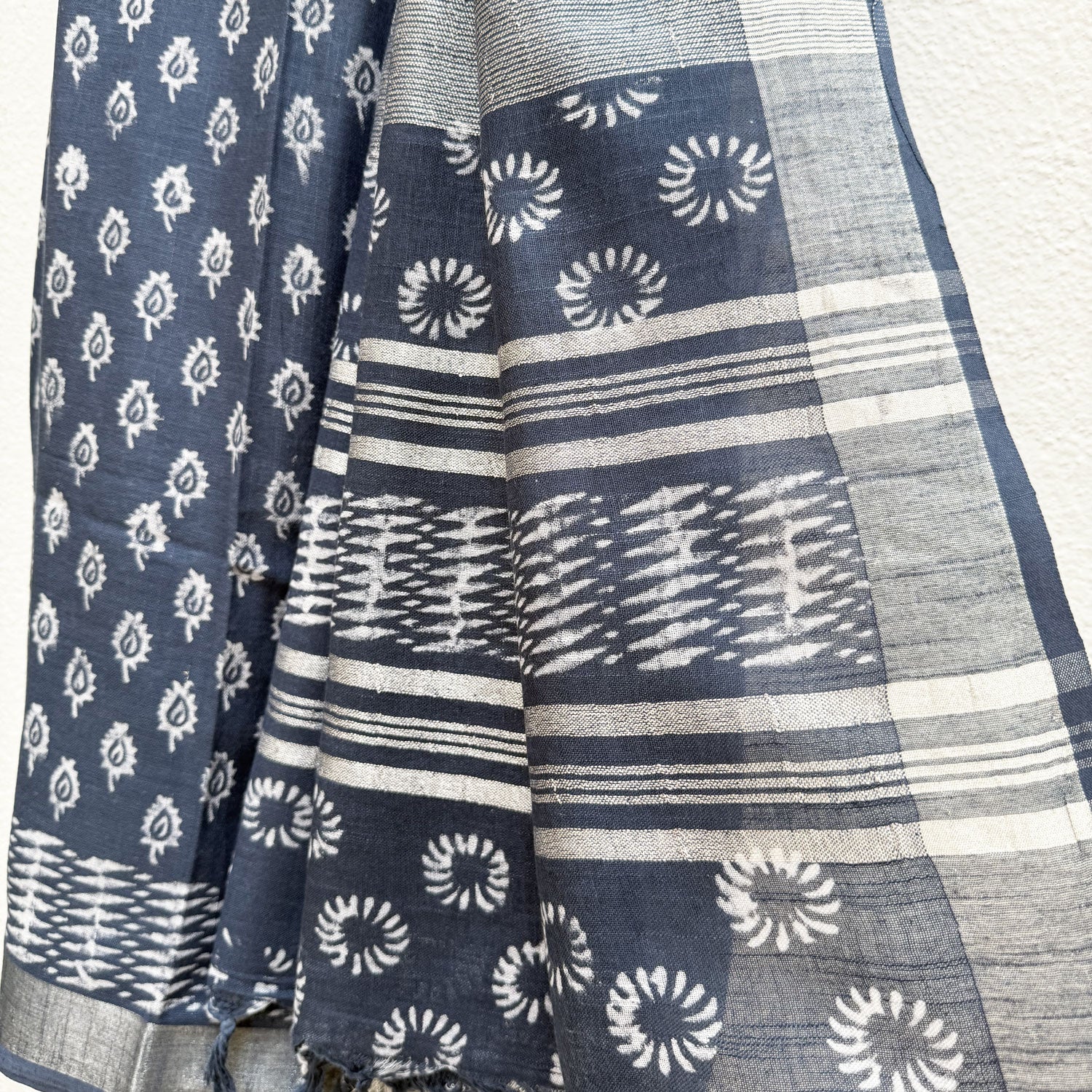 Ambika Indigo Hand Block Cotton Linen Saree