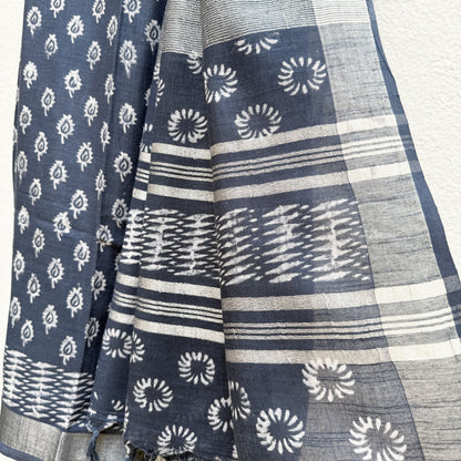 Ambika Indigo Hand Block Cotton Linen Saree