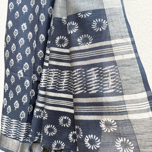 Ambika Indigo Hand Block Cotton Linen Saree