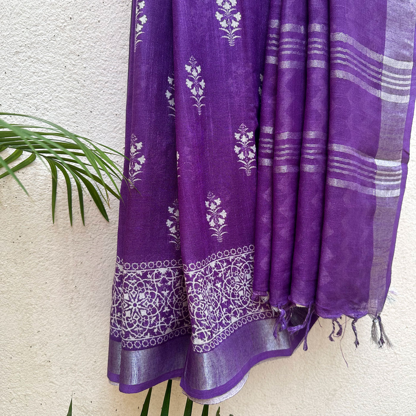 Amethyst Purple Printed Organic Linen Saree