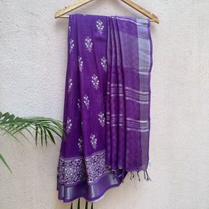 Amethyst Purple Printed Organic Linen Saree