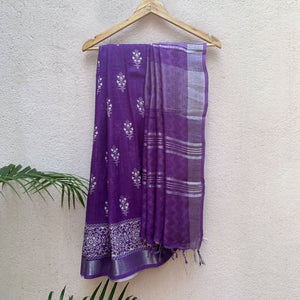 Amethyst Purple Printed Organic Linen Saree