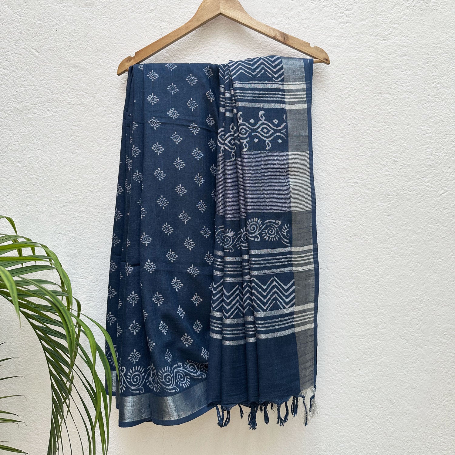 Amrit Indigo Handblock Cotton Linen Saree