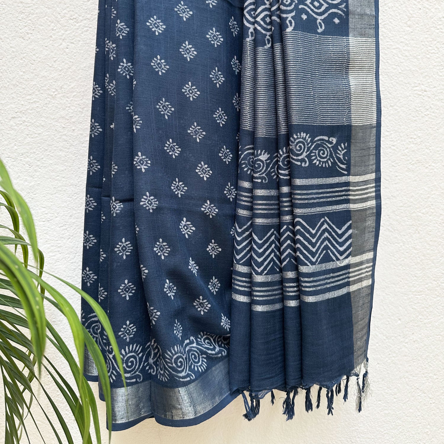 Amrit Indigo Handblock Cotton Linen Saree