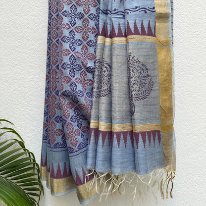 Ananta Handblock Printed Silk Linen Saree
