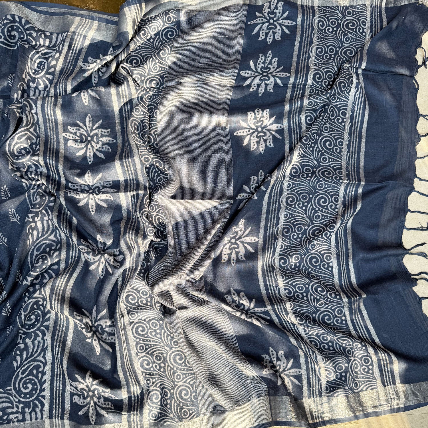 Anantaa Indigo Hand Block Cotton Linen Saree