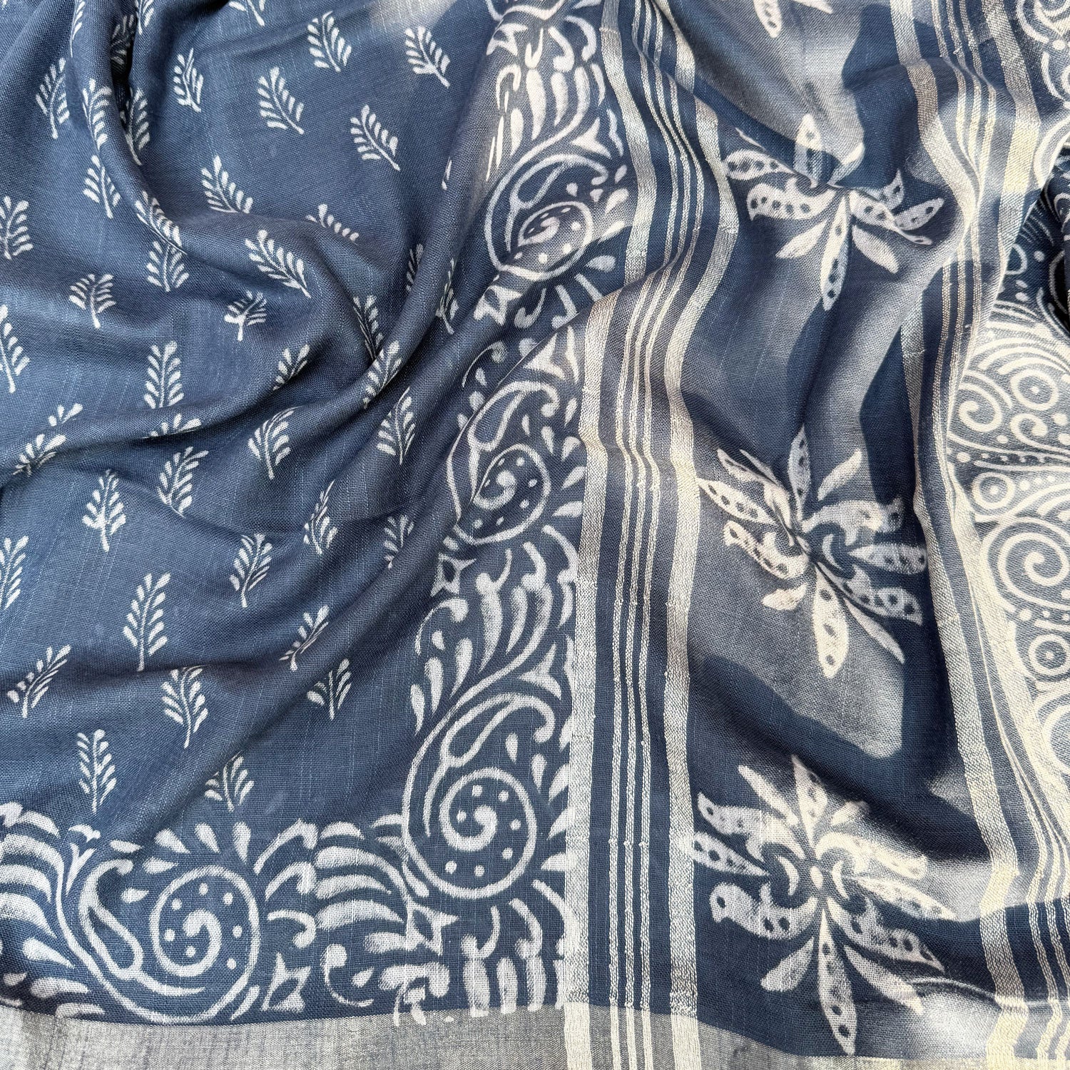 Anantaa Indigo Hand Block Cotton Linen Saree