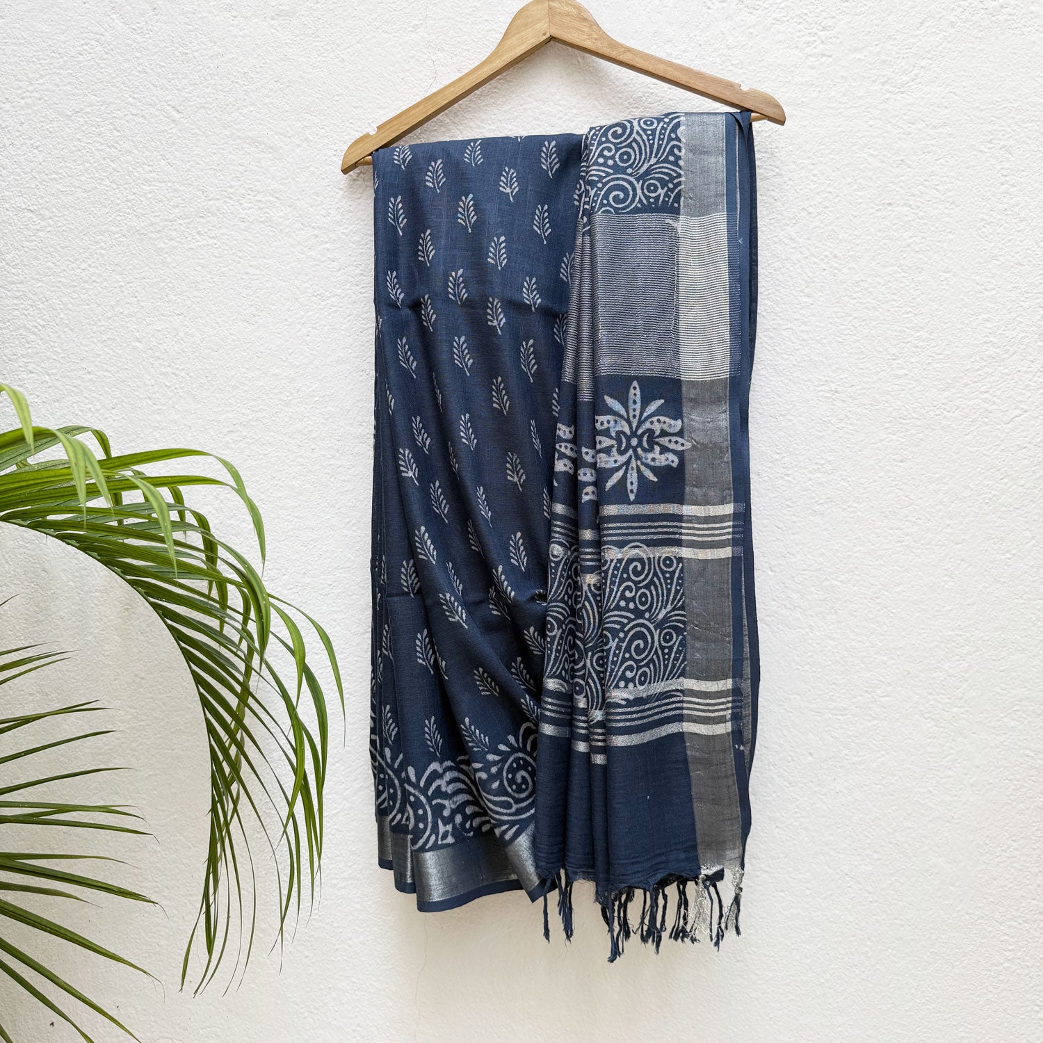 Anantaa Indigo Hand Block Cotton Linen Saree