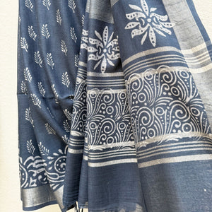 Anantaa Indigo Hand Block Cotton Linen Saree